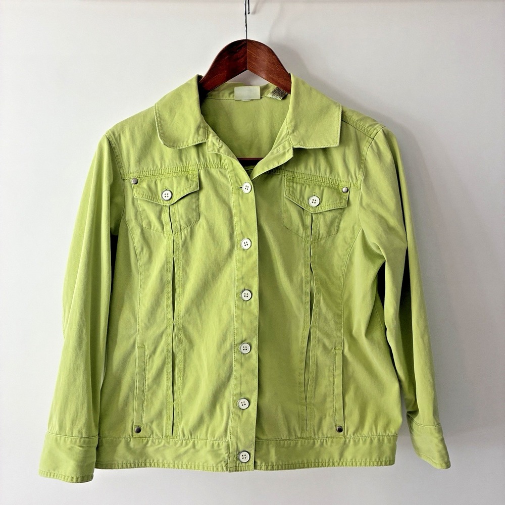 Chico's Jilena Coastal Cotton Jacket Size 2 Lime Green Stretch Textured Blazer